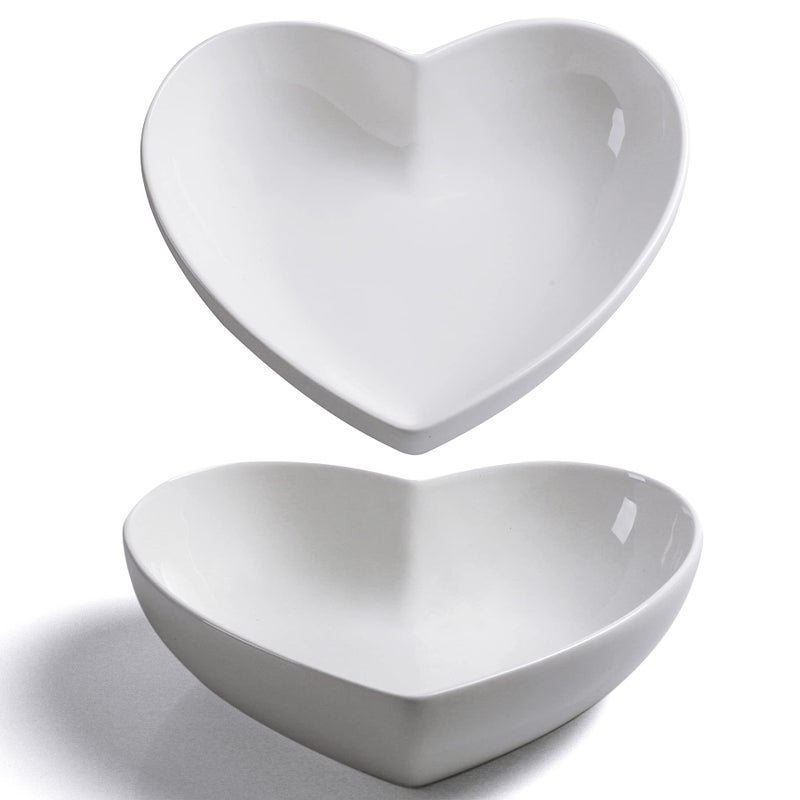 Keponbee 2 pcs Porcelain Big Heart-shaped Bowls White Deep Heart Plates Salad Bowl/Fruit Bowl for Desserts/Pasta/Dinner, 8 inch - Image 1